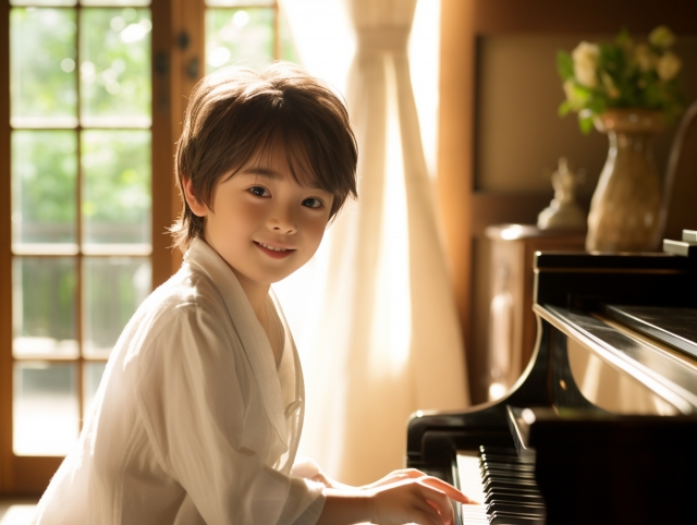 ピアノレッスンを受ける男の子の画像